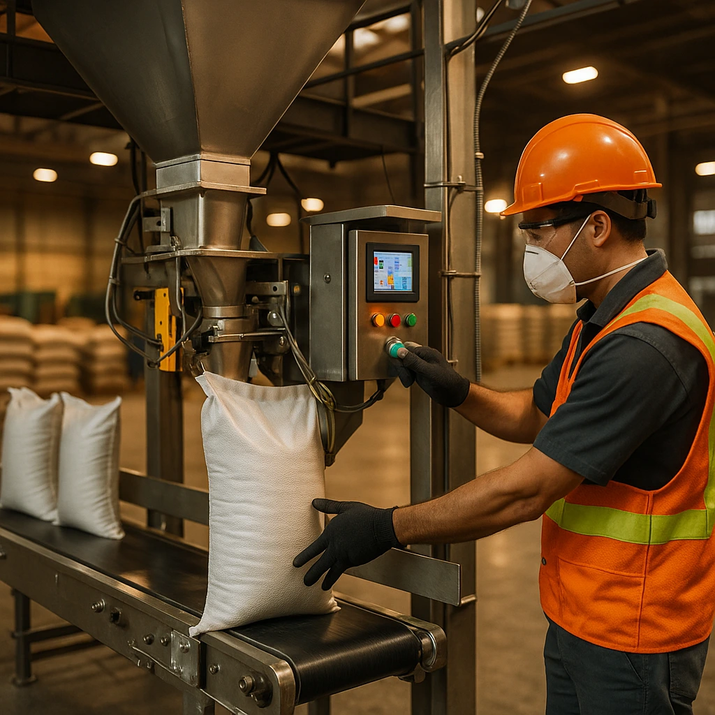 bagging-line-automation-rice-flour-feed-impro-solution-bangladesh Automatic bagging line with stainless hopper and conveyor filling 50 kg rice and flour bags in a modern Bangladesh mill